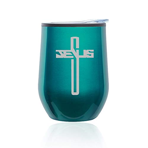 Stemless Wine Tumbler Coffee Travel Mug Glass With Lid Jesus Cross (Turquoise Teal)