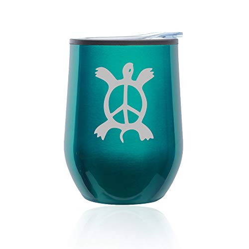Stemless Wine Tumbler Coffee Travel Mug Glass With Lid Turtle Peace Sign (Turquoise Teal)