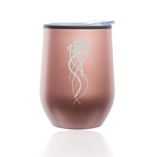 Stemless Wine Tumbler Coffee Travel Mug Glass With Lid Jellyfish And Tentacles (Rose Gold)