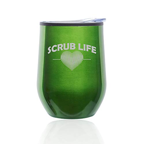 Stemless Wine Tumbler Coffee Travel Mug Glass With Lid Scrub Life Nurse (Green)