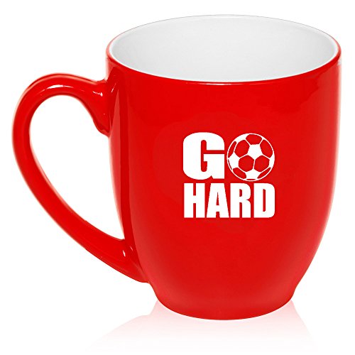 16 oz Large Bistro Mug Ceramic Coffee Tea Glass Cup Go Hard Soccer (Red)