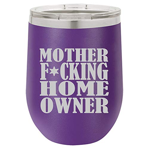 12 oz Double Wall Vacuum Insulated Stainless Steel Stemless Wine Tumbler Glass Coffee Travel Mug With Lid Mother F ing Home Owner House Warming (Purple)