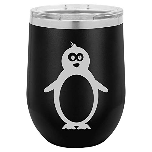 12 oz Double Wall Vacuum Insulated Stainless Steel Stemless Wine Tumbler Glass Coffee Travel Mug With Lid Penguin (Black)