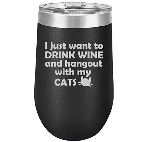 16 oz Double Wall Vacuum Insulated Stainless Steel Stemless Wine Tumbler Glass Coffee Travel Mug With Lid Drink Wine And Hang Out With Cats (Black)