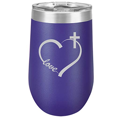 16 oz Double Wall Vacuum Insulated Stainless Steel Stemless Wine Tumbler Glass Coffee Travel Mug With Lid Love Heart Cross Christian (Purple)