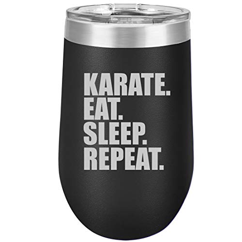 16 oz Double Wall Vacuum Insulated Stainless Steel Stemless Wine Tumbler Glass Coffee Travel Mug With Lid Karate Eat Sleep Repeat