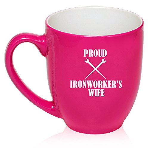 16 oz Large Bistro Mug Ceramic Coffee Tea Glass Cup Proud Iron Worker's Wife (Hot Pink)
