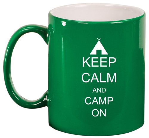 Green Ceramic Coffee Tea Mug Keep Calm and Camp On Tent