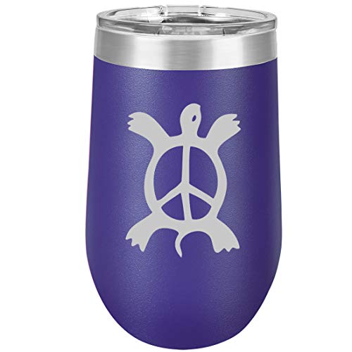16 oz Double Wall Vacuum Insulated Stainless Steel Stemless Wine Tumbler Glass Coffee Travel Mug With Lid Turtle Peace Sign (Purple)