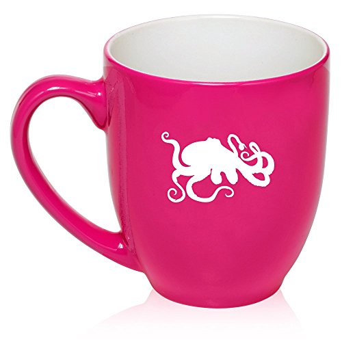 16 oz Large Bistro Mug Ceramic Coffee Tea Glass Cup Octopus and Tentacles (Hot Pink)