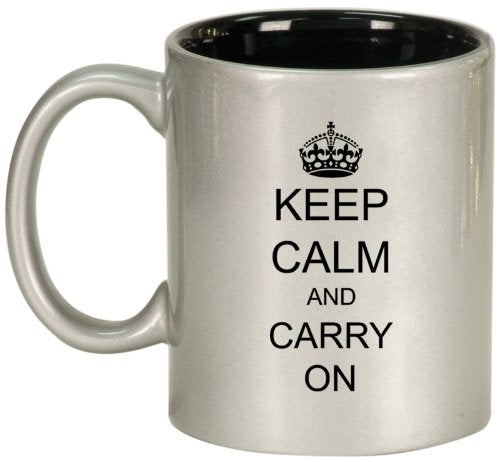 Keep Calm and Carry On Ceramic Coffee Tea Mug Cup Silver Black