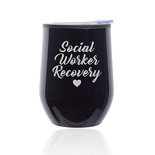 Stemless Wine Tumbler Coffee Travel Mug Glass With Lid Social Worker Recovery (Midnight Black)