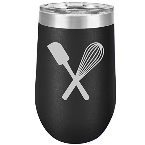 16 oz Double Wall Vacuum Insulated Stainless Steel Stemless Wine Tumbler Glass Coffee Travel Mug With Lid Spatula & Whisk Baking (Black)