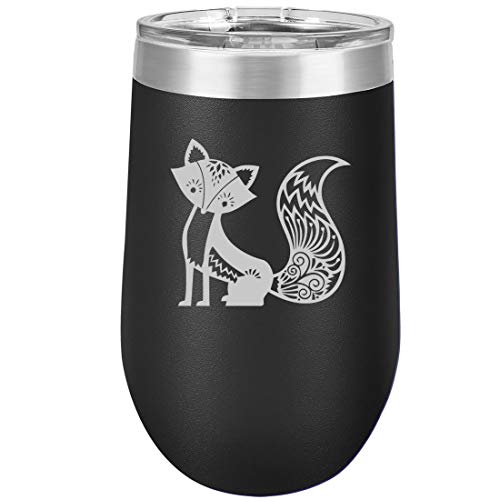 16 oz Double Wall Vacuum Insulated Stainless Steel Stemless Wine Tumbler Glass Coffee Travel Mug With Lid Fancy Fox (Black)