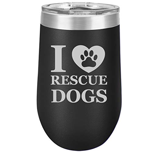16 oz Double Wall Vacuum Insulated Stainless Steel Stemless Wine Tumbler Glass Coffee Travel Mug With Lid I Heart Love Rescue Dogs (Black)