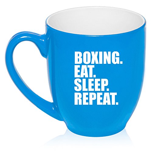 16 oz Large Bistro Mug Ceramic Coffee Tea Glass Cup Boxing Eat Sleep Repeat (Light Blue)