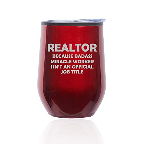Stemless Wine Tumbler Coffee Travel Mug Glass With Lid Realtor Real Estate Agent Broker Miracle Worker Job Title Funny (Red)