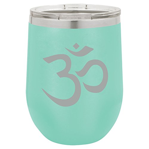 12 oz Double Wall Vacuum Insulated Stainless Steel Stemless Wine Tumbler Glass Coffee Travel Mug With Lid Yoga Symbol (Teal)