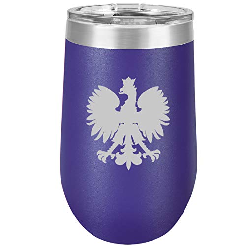 16 oz Double Wall Vacuum Insulated Stainless Steel Stemless Wine Tumbler Glass Coffee Travel Mug With Lid Poland Polish Eagle (Purple)