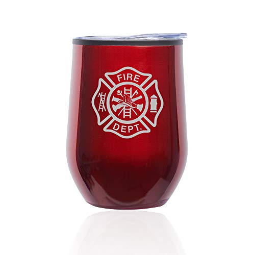 Stemless Wine Tumbler Coffee Travel Mug Glass With Lid Fire Department Maltese Cross (Red)