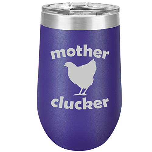 16 oz Double Wall Vacuum Insulated Stainless Steel Stemless Wine Tumbler Glass Coffee Travel Mug With Lid Mother Clucker Hen Chicken Funny (Purple)