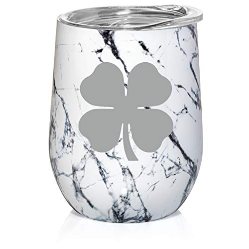 12 oz Double Wall Vacuum Insulated Stainless Steel Marble Stemless Wine Tumbler Glass Coffee Travel Mug With Lid 4 Leaf Clover Shamrock (Black White Marble)