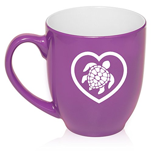 16 oz Large Bistro Mug Ceramic Coffee Tea Glass Cup Heart Love Turtle (Purple)