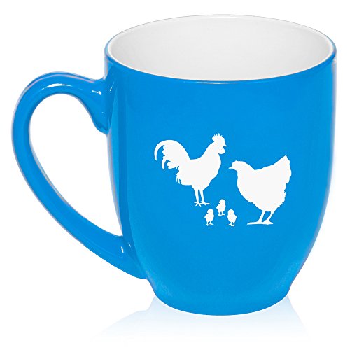16 oz Large Bistro Mug Ceramic Coffee Tea Glass Cup Chicken Family (Light Blue)