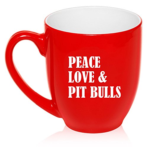 16 oz Large Bistro Mug Ceramic Coffee Tea Glass Cup Peace Love & Pit Bulls (Red)