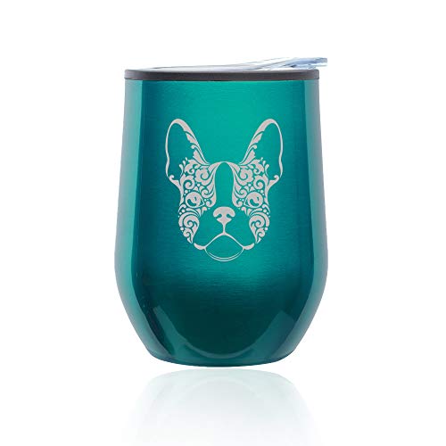Stemless Wine Tumbler Coffee Travel Mug Glass With Lid French Bulldog Floral (Turquoise Teal)