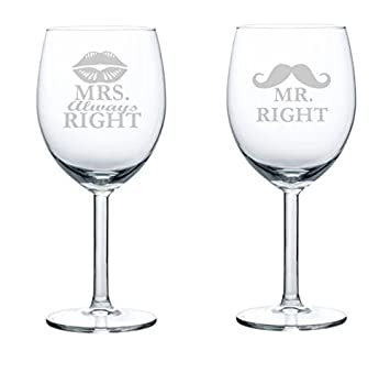 Set of 2 Wine Glasses Funny Wedding Married Couple Mr. Right Mrs. Always Right (10 oz),MIP