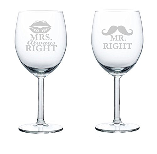 Set of 2 Wine Glasses Funny Wedding Married Couple Mr. Right Mrs. Always Right (10 oz)