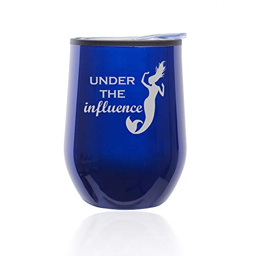 Stemless Wine Tumbler Coffee Travel Mug Glass With Lid Under The Influence Mermaid Funny (Blue)