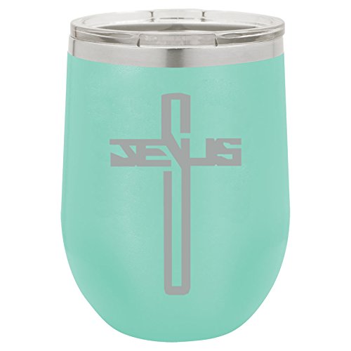 12 oz Double Wall Vacuum Insulated Stainless Steel Stemless Wine Tumbler Glass Coffee Travel Mug With Lid Jesus Cross (Teal)