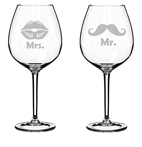 Set of 2 Wine Glasses Wedding Married Couple Mr. Mrs. Mustache Lips (20 oz Jumbo)