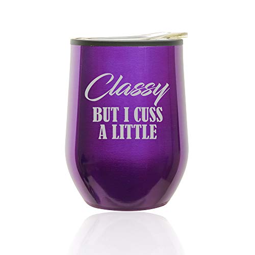 Stemless Wine Tumbler Coffee Travel Mug Glass With Lid Classy But I Cuss A Little Funny (Royal Purple)