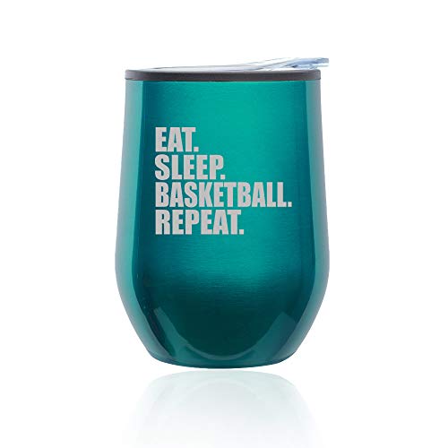 Stemless Wine Tumbler Coffee Travel Mug Glass With Lid Eat Sleep Basketball Repeat (Turquoise Teal)