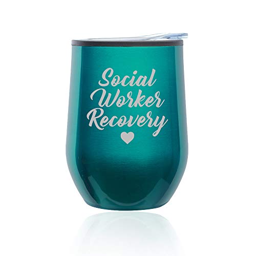 Stemless Wine Tumbler Coffee Travel Mug Glass With Lid Social Worker Recovery (Turquoise Teal)