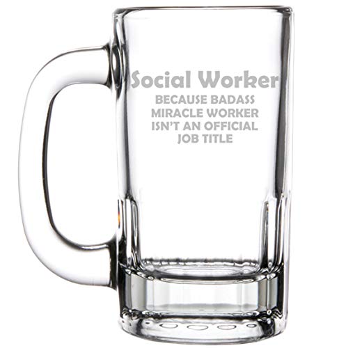 12oz Beer Mug Stein Glass Funny Job Title Social Worker Miracle Worker