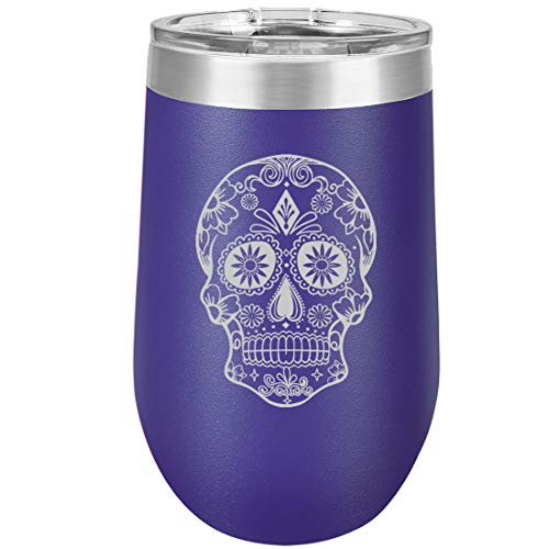 16 oz Double Wall Vacuum Insulated Stainless Steel Stemless Wine Tumbler Glass Coffee Travel Mug With Lid Sugar Candy Skull (Purple)
