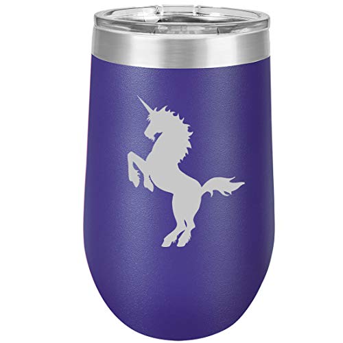 16 oz Double Wall Vacuum Insulated Stainless Steel Stemless Wine Tumbler Glass Coffee Travel Mug With Lid Unicorn (Purple)