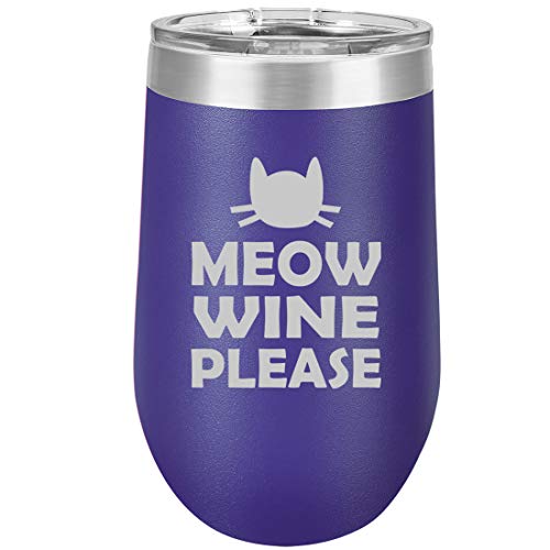 16 oz Double Wall Vacuum Insulated Stainless Steel Stemless Wine Tumbler Glass Coffee Travel Mug With Lid Meow Wine Please More Wine Funny Cat (Purple)