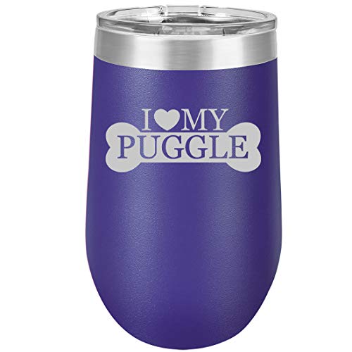16 oz Double Wall Vacuum Insulated Stainless Steel Stemless Wine Tumbler Glass Coffee Travel Mug With Lid I Love My Puggle (Purple)