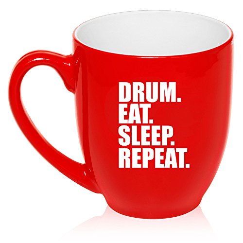16 oz Large Bistro Mug Ceramic Coffee Tea Glass Cup Drum Eat Sleep Repeat (Red)