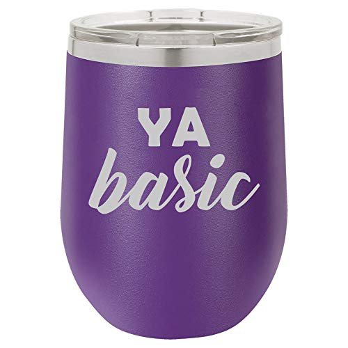 12 oz Double Wall Vacuum Insulated Stainless Steel Stemless Wine Tumbler Glass Coffee Travel Mug With Lid Ya Basic Funny (Purple)