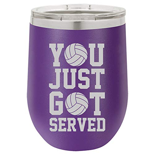 12 oz Double Wall Vacuum Insulated Stainless Steel Stemless Wine Tumbler Glass Coffee Travel Mug With Lid You Just Got Served Volleyball (Purple)