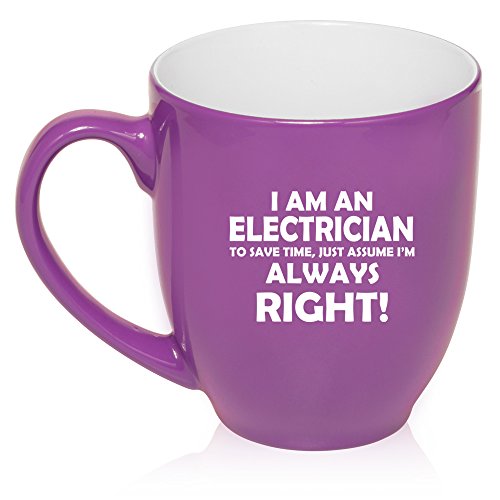 16 oz Large Bistro Mug Ceramic Coffee Tea Glass Cup Electrician Always Right (Purple)