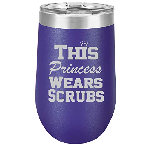 16 oz Double Wall Vacuum Insulated Stainless Steel Stemless Wine Tumbler Glass Coffee Travel Mug With Lid This Princess Wears Scrubs Nurse (Purple)