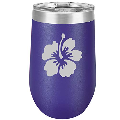 16 oz Double Wall Vacuum Insulated Stainless Steel Stemless Wine Tumbler Glass Coffee Travel Mug With Lid Hibiscus (Purple)