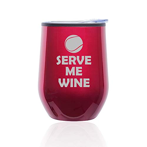 Stemless Wine Tumbler Coffee Travel Mug Glass With Lid Tennis Serve Me Wine (Fuchsia)